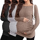 Sweetyweee 3 Pack Maternity Sweaters Long Sleeve Ribbed Maternity Shirts Lightweight Stretch Pregnancy Tops Winter Layering
