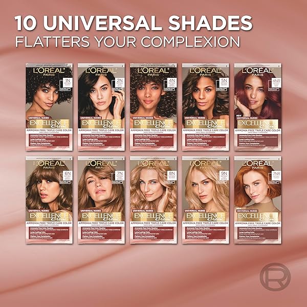 L’OREAL PARIS EXCELLENCE UNIVERSAL NUDES PERMANENT HAIR COLOR, AMMONIA FREE HAIR DYE FOR GRAY HAIR COVERAGE, 6N NATURAL LIGHT BROWN, 1 HAIR DYE KIT
