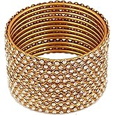 Touchstone "Golden Bangle Collection Indian Bollywood Stunning Clear Rhinestone Embellished Thin Charming Look Designer Jewelry Bangle Bracelets Set of 12 for Women in Antique Gold Tone.