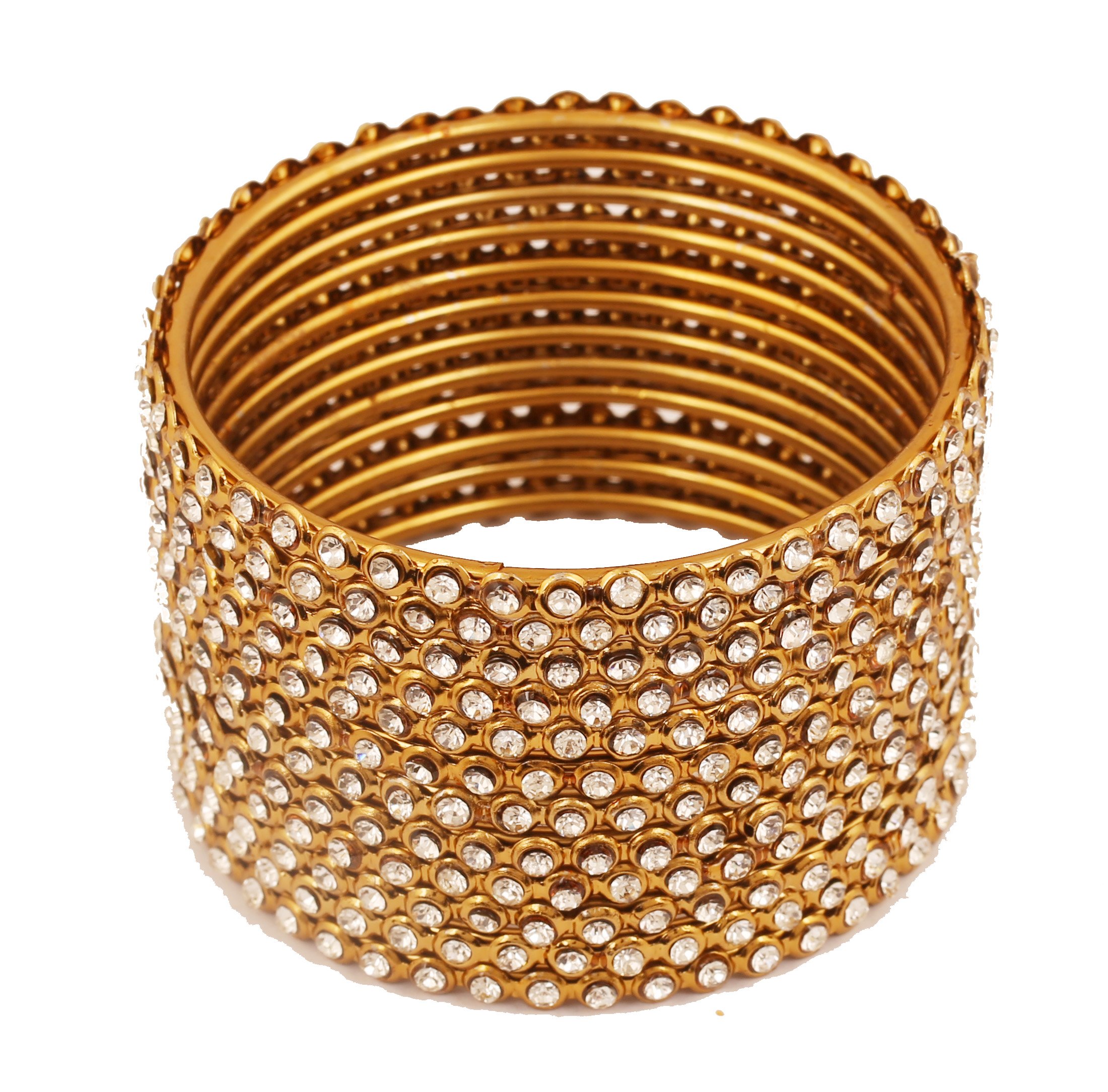 Touchstone "Golden Bangle Collection Indian Bollywood Stunning Clear Rhinestone Embellished Thin Charming Look Designer Jewelry Bangle Bracelets Set of 12 for Women in Antique Gold Tone.