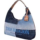 True Religion Hobo Bag, Patchwork Denim Shoulder Purse, Oversized Logo with Magnetic Snap Closure, Silver Hardware, Denim Blue