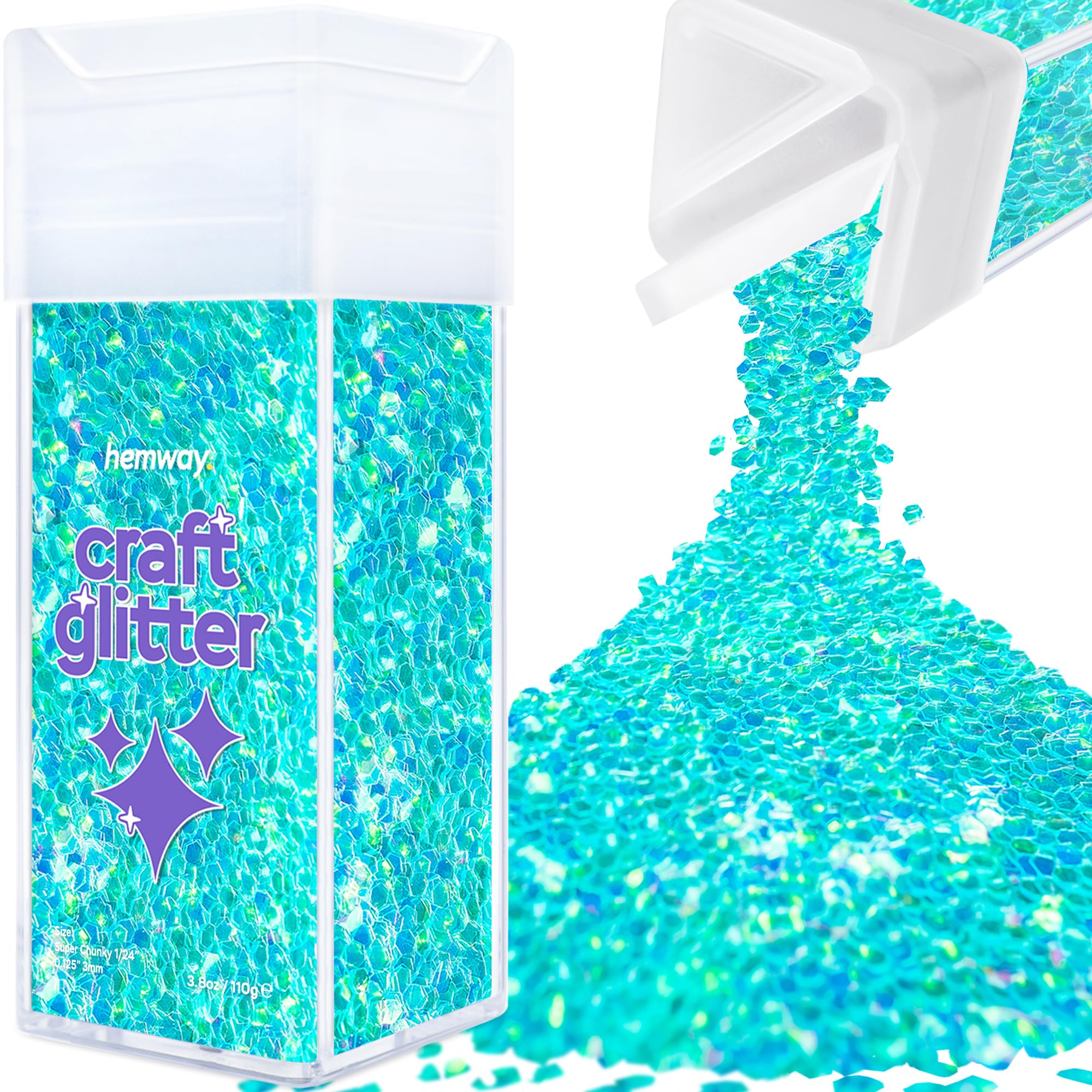 Hemway Glitter Shaker Fluorescent Blue 110g Super Chunky, Craft Glitter Shaker for Resin & Epoxy Crafts, Christmas Art Supplies, Nail, Body, Face, Eye, Festival, Crafting, Slime, Sparkle