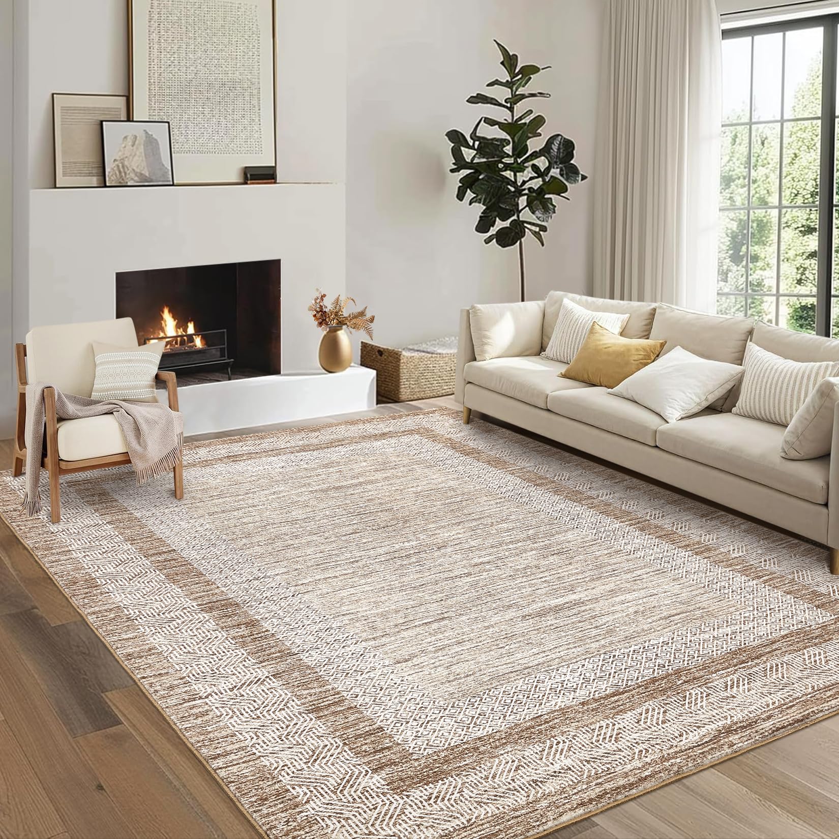 Photo 1 of GarveeHome Modern Geometric Area Rug 5x7 Distressed Bordered Rug Washable Non Slip Floor Carpet Non Shedding Thin Rug, Soft Low Pile Rug, Contemporary Brown Rug for Dining Room, Living Room