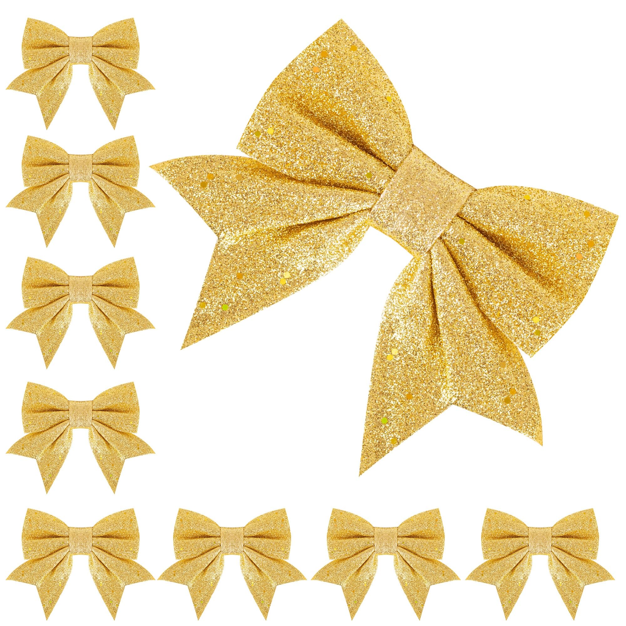 8pcs Gold Glitter Bows for Christmas Tree Decoration, 5 x 7inch Xmas Glitter Bows, Gold Christmas Decorative Bows for Christmas Tree, Decor Wreath, Christmas Home Party, Girls Butterfly Decoration