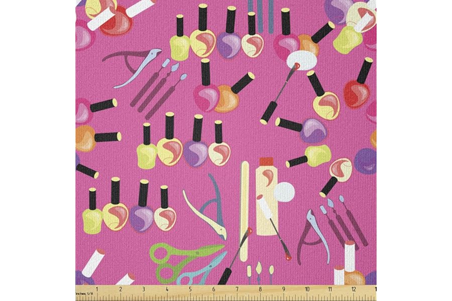 Lunarable Makeup Fabric by The Yard, Beauty Cosmetic Products with Nail Polish Manicure Set Care for Hands Feminine Theme, Stretch Knit Fabric for Clothing Sewing and Arts Crafts, 1 Yard, Pink Violet