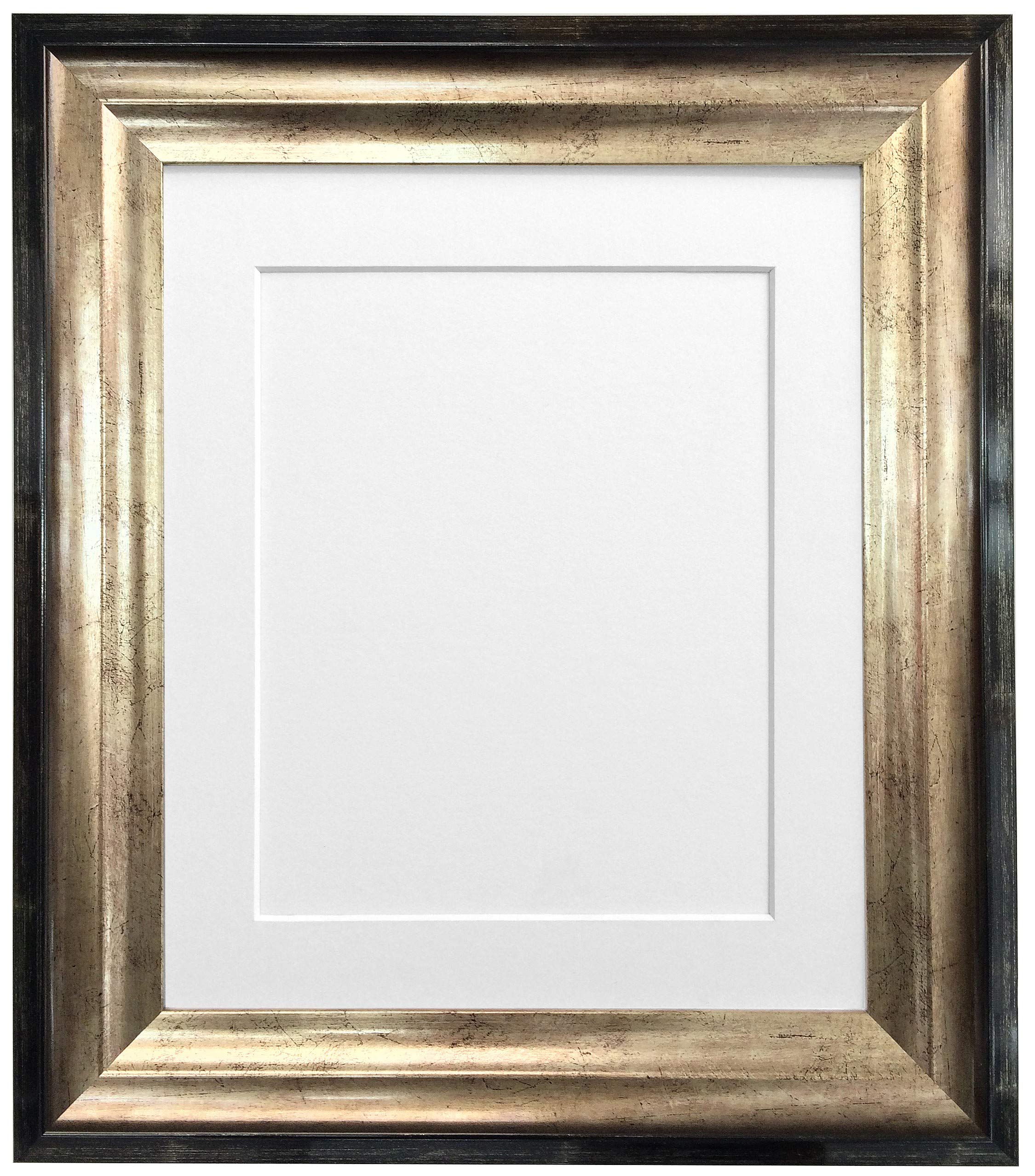 FRAMES BY POST Firenza Antique Distressed Black and Gold Picture Photo Frame Plastic Glass with White Mount 9"x7" for Picture Size 7"x5"