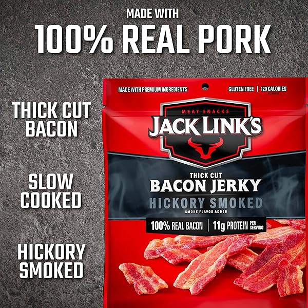 JACK LINK’S BACON JERKY, HICKORY SMOKED – FLAVORFUL READY TO EAT MEAT SNACK WITH 11G OF PROTEIN PER SERVING, MADE WITH 100% THICK CUT REAL BACON, PROTEIN SNACK, KETO FRIENDLY, 2.5 OZ.