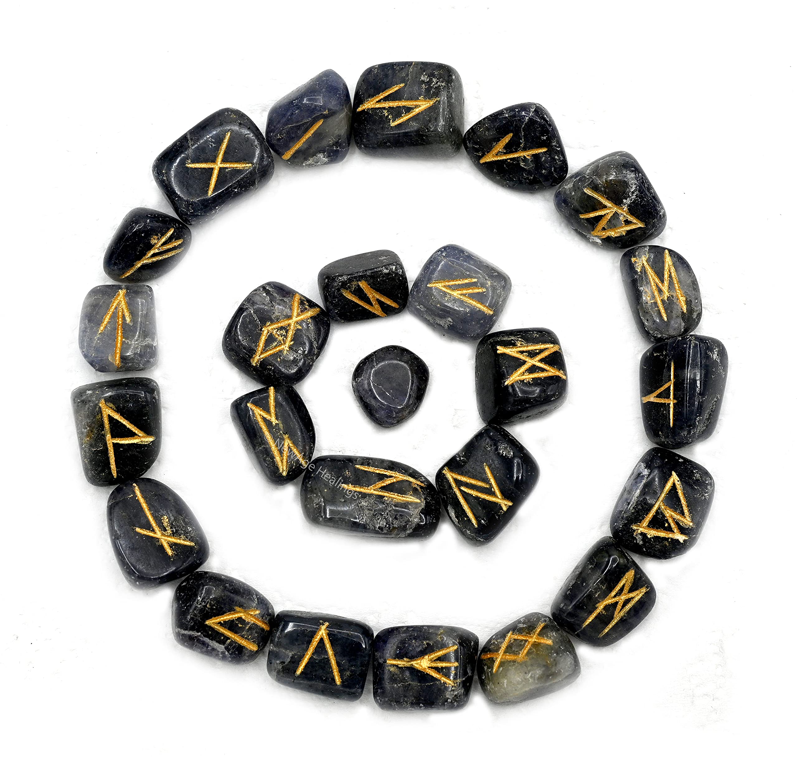 Iolite Runes Stone Set with Velvet Pouch and Instruction EBook ~ Elder Futhark Runes Engraved Pagan Viking Symbols for Reiki Healing, Crystal Grid & Energy Balancing
