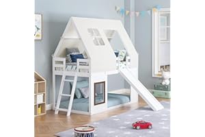 Spirich Wood Twin Over Twin Bunk Bed with Slide and Ladder, Kids House Bunk Bed Frame with Tent Roof Cover,Windows, White