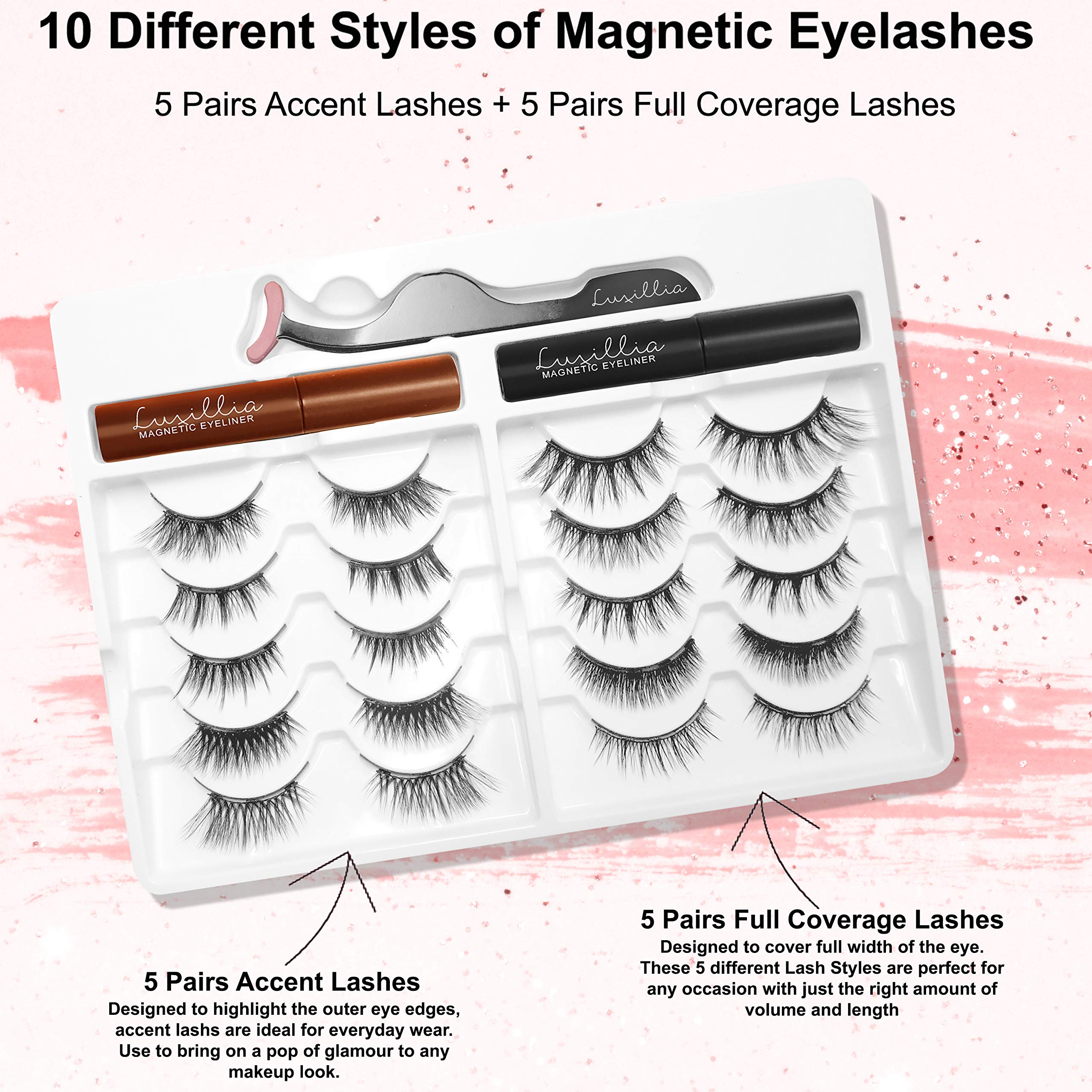 Luxillia Magnetic Eyelashes Kit – 13 Piece Magnetic Eyelash & Eyeliner Set with Applicator – Natural Look Easy Apply Reusable Fake Extension Lashes, No Glue – Pestañas Postizas Magnéticas Naturales