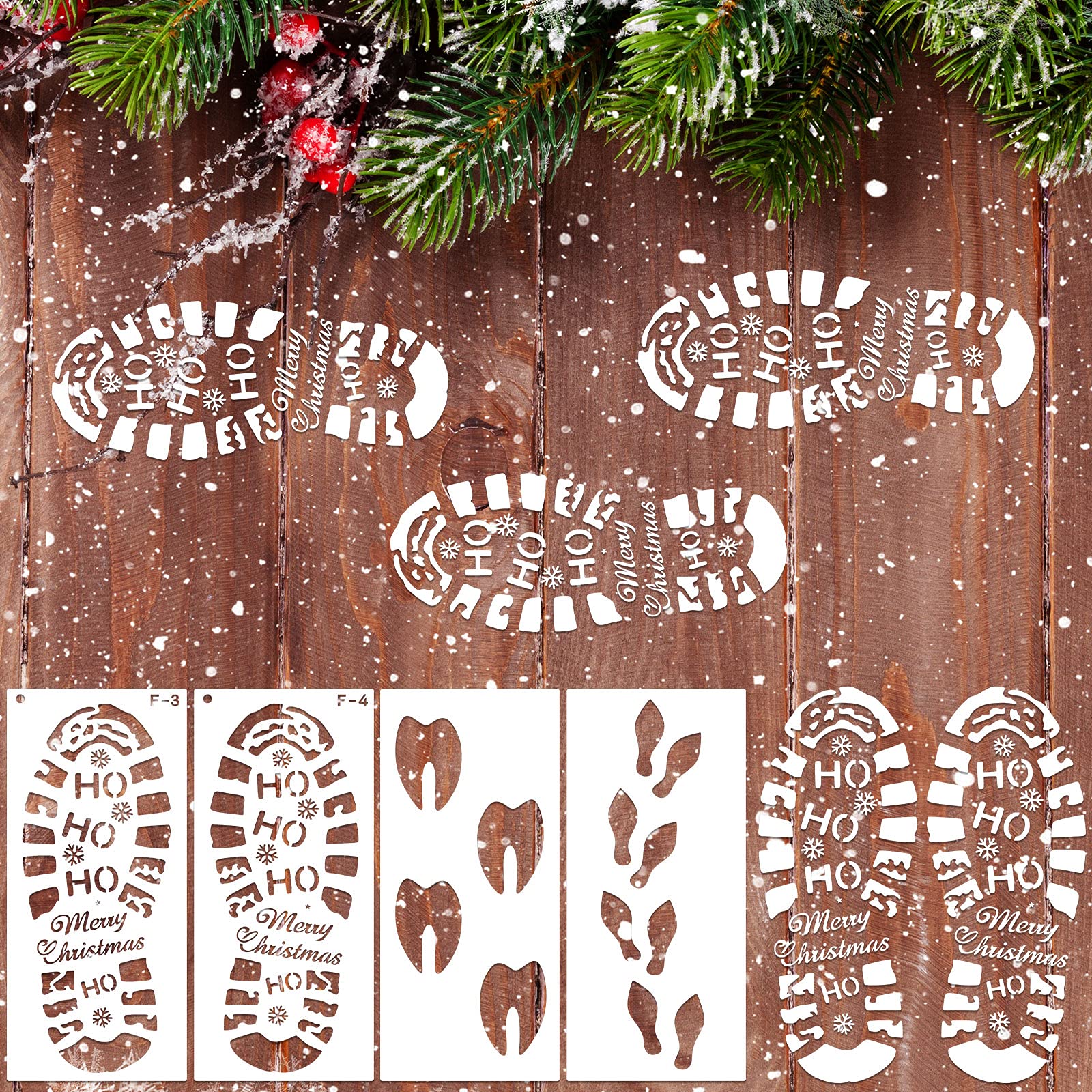 Christmas Santa Footprint 4 Pieces Santa Clause Footprints Santa Footprints Stencil Reusable Santa Boot Prints Reindeer Elf Footprint Stencil Christmas Holiday Stencils for Floor Window Wall Door