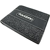 PELGIO Genuine Row Diamond Stingray Skin Leather Soft Bifold Wallet (Black)
