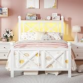 DynJest Twin White Bed Frame with Headboard and Footboard | With LED Lights and Charging Station, Strong Metal Slats Support, No Box Spring Needed, Under Bed Storage, Easy Assembly