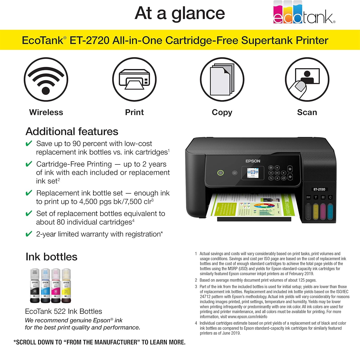 Epson EcoTank ET-2720 Wireless Color All-in-One Supertank Printer with Scanner and Copier - Black: Electronics