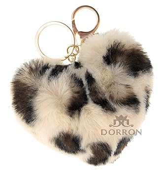 DORRON Girls Stylish Pom pom Love Heart Fluffy Faux Fur Key Chains & Key Rings for Bags & Keys (Cream Leopard)