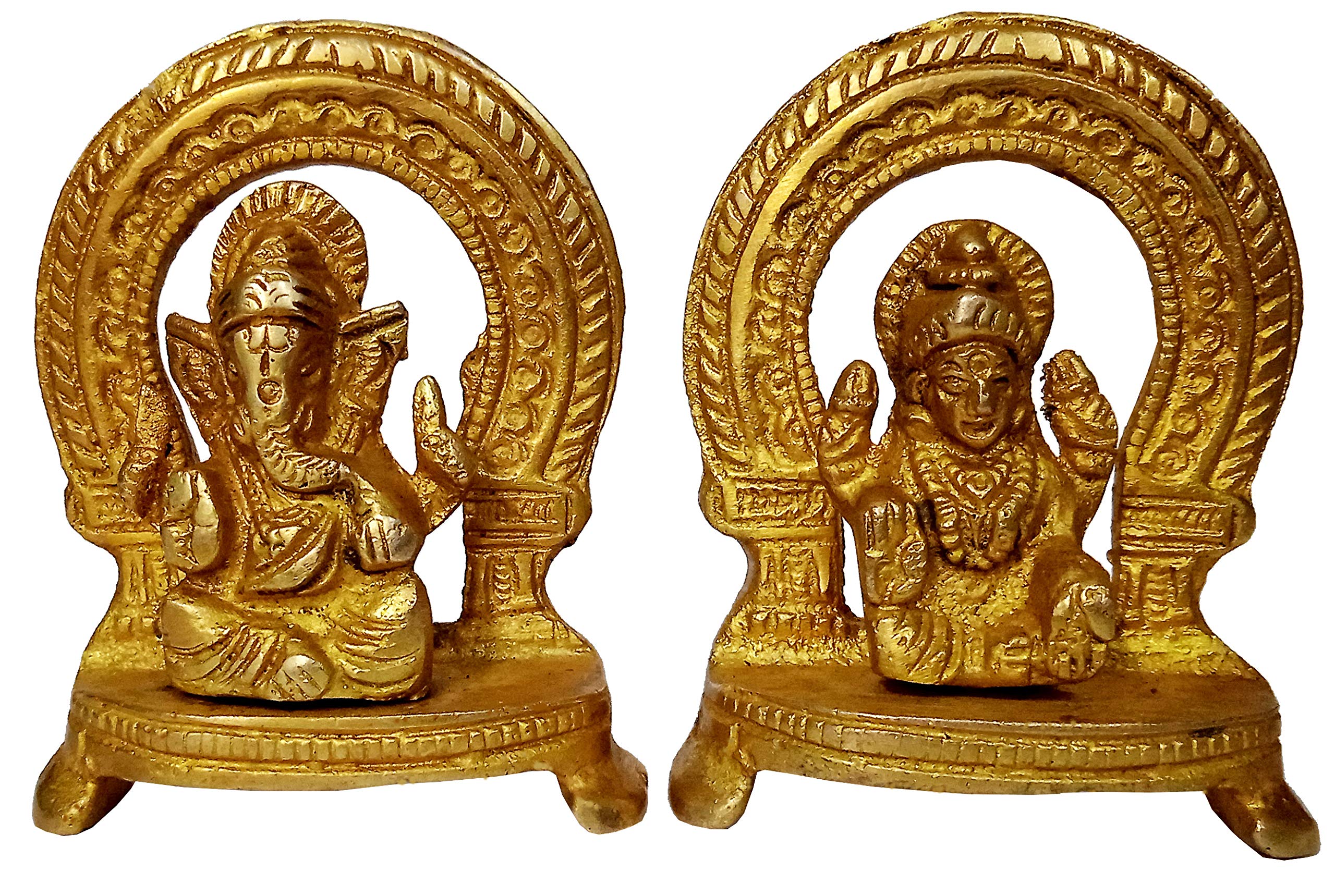 Purpledip Brass Idol Lakshmi Ganesha in Mandap: Collectible Statue Set for Home Temple (12245)