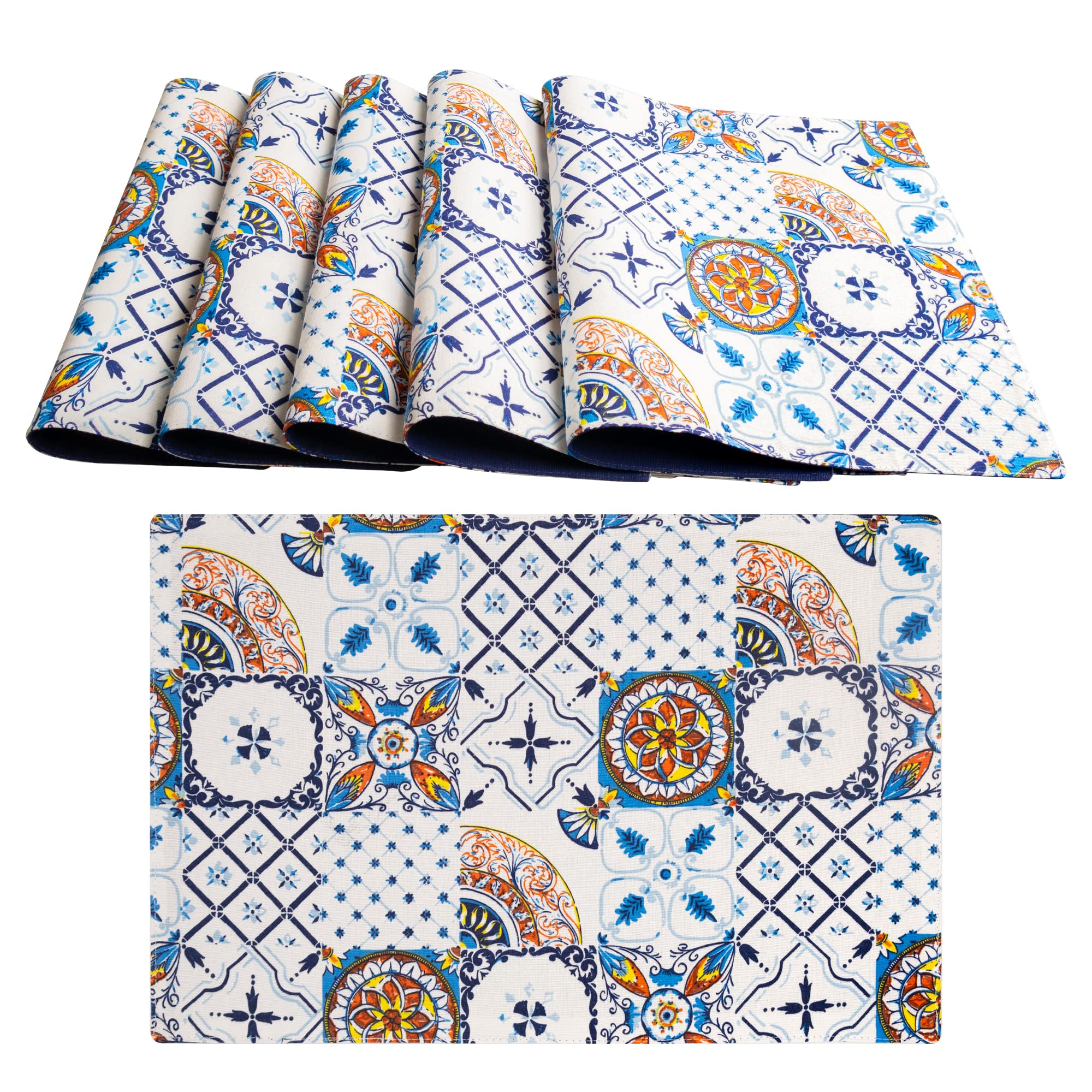 Set of 6 American Placemats Washable in 100% Cotton, American Breakfast Placemats in Majolic Style 45 x 30 cm with Different Decorations and Colours