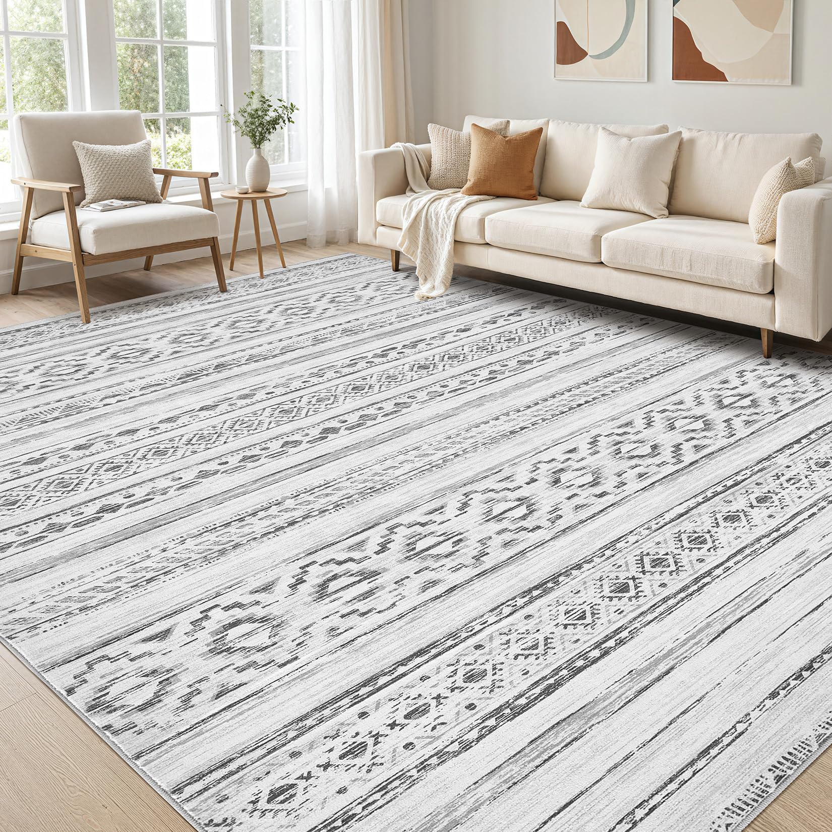 cotiled 6x9 Area Rug for Living Room, Washable Non-Slip Large Area Rug, Indoor Floor Carpet Low Pile Soft Boho Farmhouse Rug for Bedroom Dining Room (Cream Grey,6'x9') Image