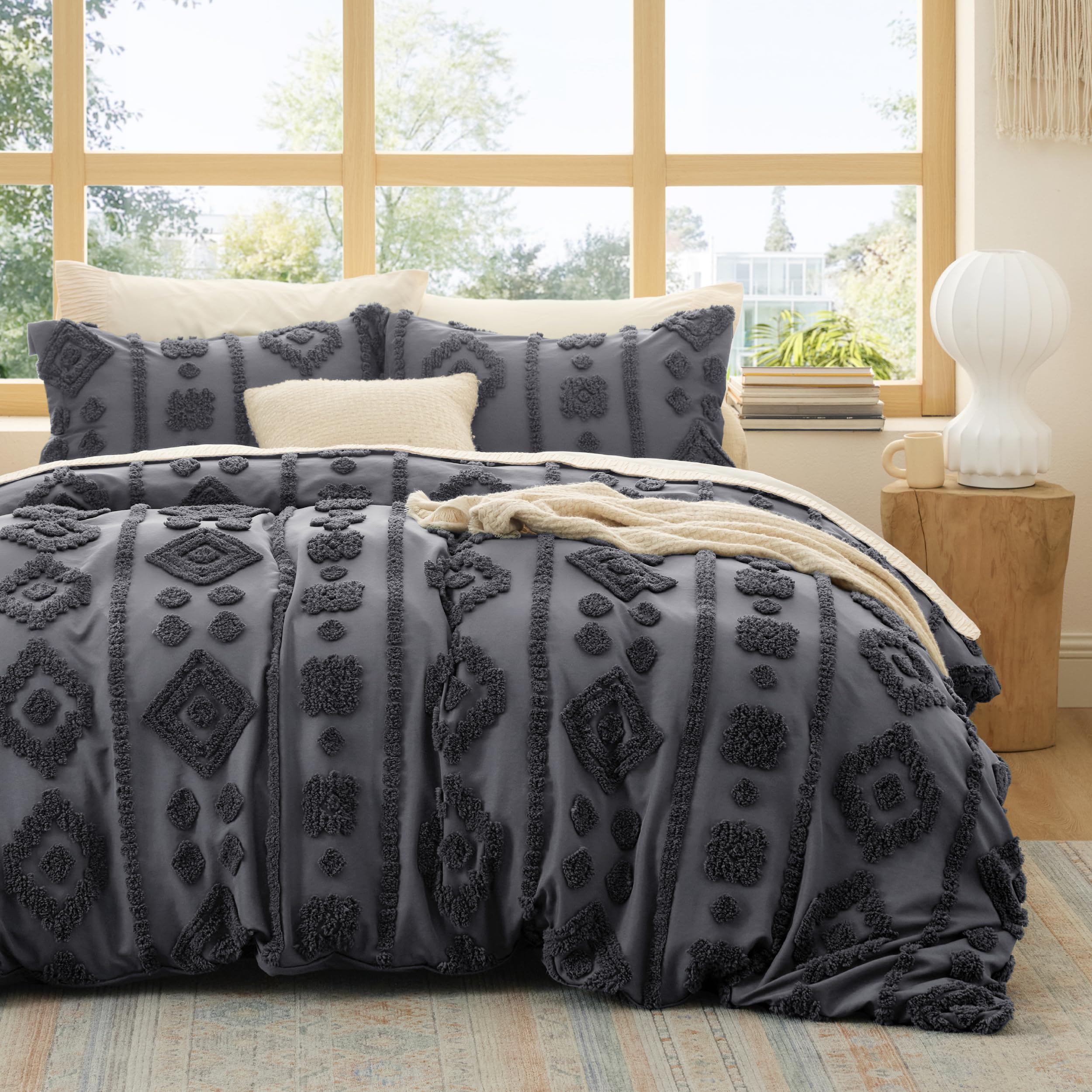 Bedsure Boho Duvet Cover King - Dark Grey Tufted Boho Bedding, Farmhouse Shabby Chic Embroidery Bedding for All Seasons, 3 Pieces, 1 Soft Jacquard King Comforter Cover and 2 Pillow Shams Image