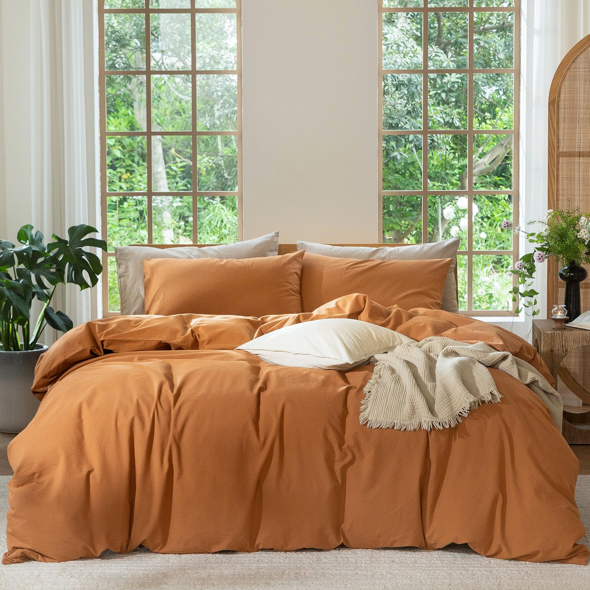Photo 1 of MooMee Bedding Duvet Cover Set 100% Washed Cotton Linen Like Textured Breathable Durable Soft Comfy (Solid Burnt Orange, Super Queen 90"x98")