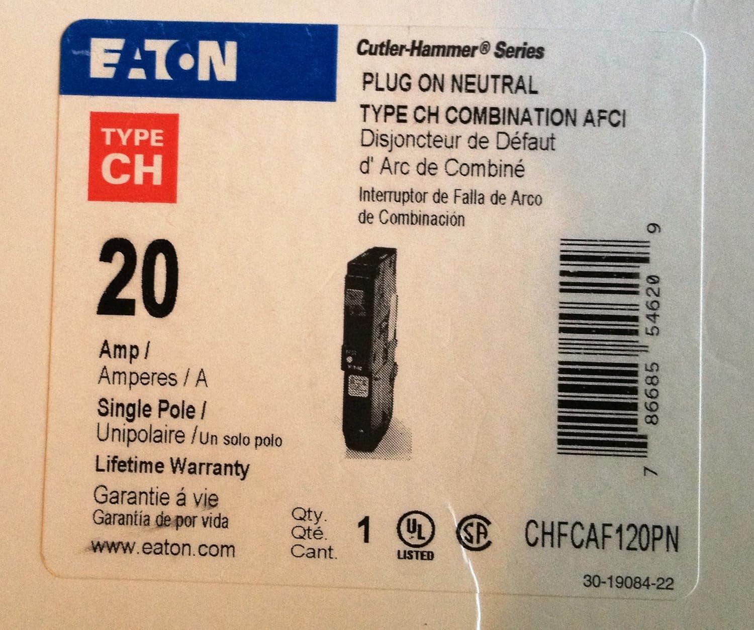 Eaton CHFCAF120PN Plug-In Mount Type CH Combination Arc Fault Circuit Breaker 1-Pole 20 Amp 120 Volt AC Fire-Guard - Magnetic Circuit Breakers - 
