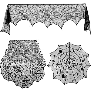 Blulu 3 Pieces Halloween Lace Spiderweb Tablecloth Fireplace Mantle Table Runner Round Spider Web Table Cover Topper for Halloween Home Party Decor (Style Set 1, Size Set 1)