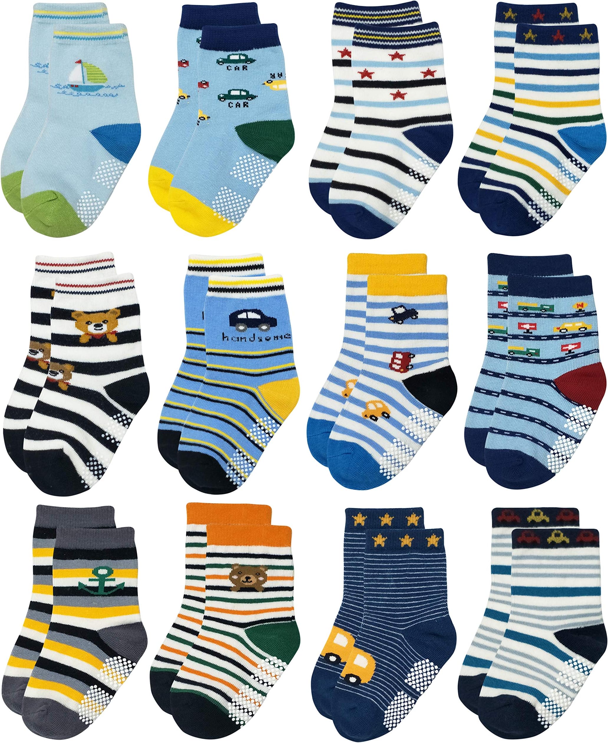 RATIVE RB-71317 Non Skid Anti Slip Slipper Cotton Striped Crew Dress Socks with Grips for Baby Toddler Boys