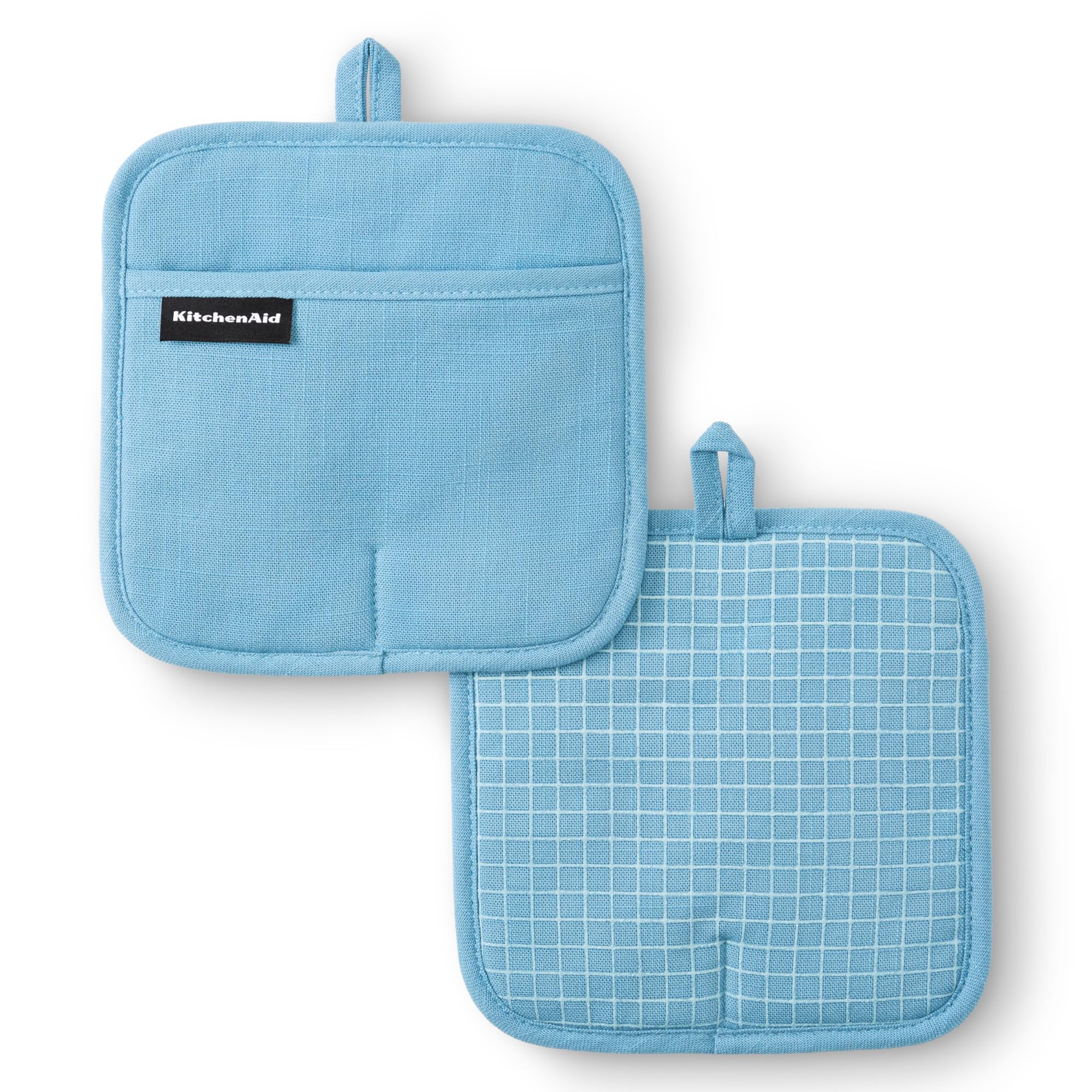 Photo 1 of KITCHENAID Gourmet Series Gridlines Pot Holders 2-Pack Set, Heat Resistant up to 600°F, Soft Silicone Grip, Magnetic Cuff, Blue Velvet, 8"x8"