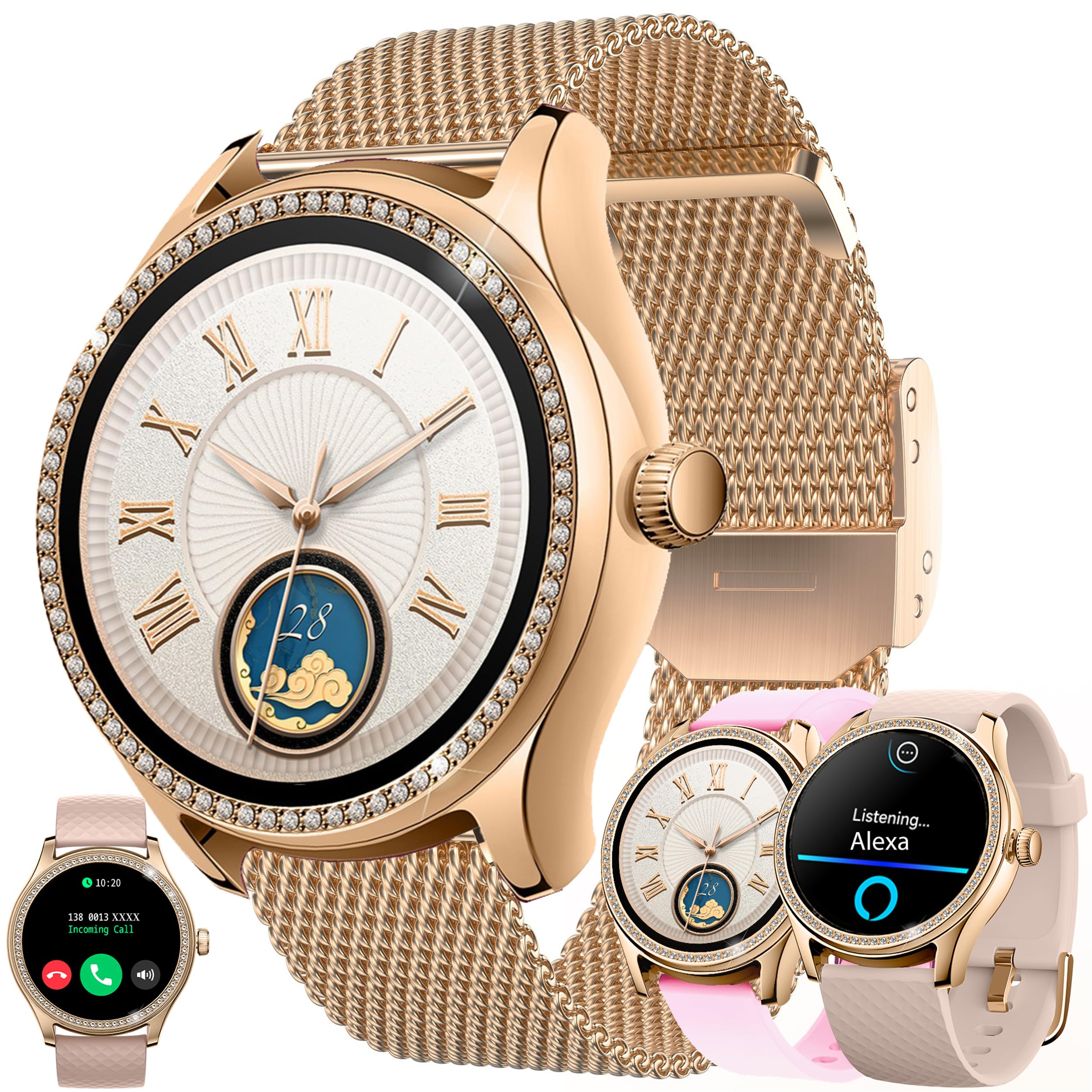 Smart Watch (Answer/Make Calls) with Alexa Built-in, Fitness Tracker for Android iPhone, 1.38" Activity Tracker with Heart Rate Sleep SpO2 Monitor, Calorie, 100+ Sports Modes IP68 Smartwatch (Gold)