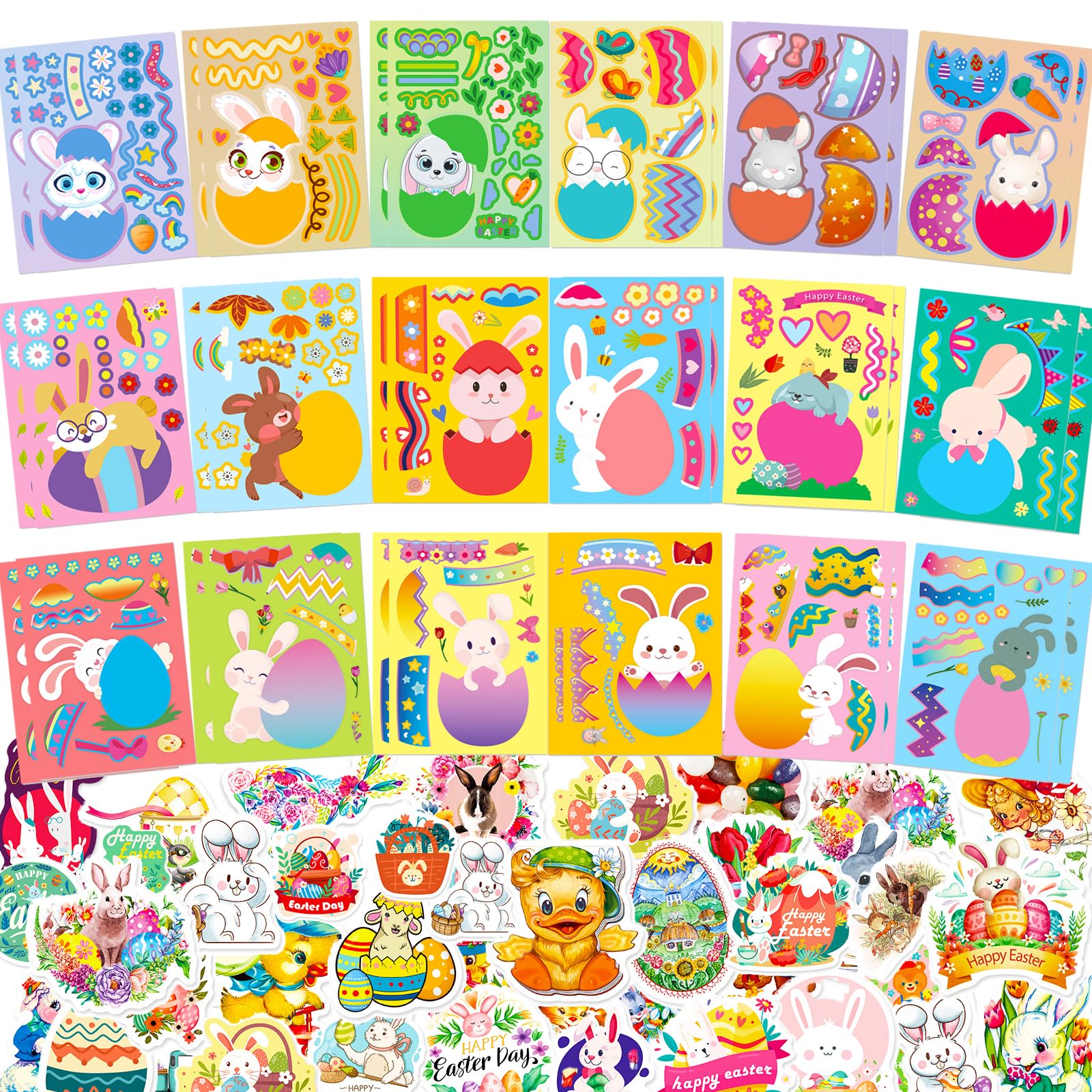 36 Sheets Easter Rabbit Make a Face Stickers+50 Themed Stickers, Make Your Own DIY Stickers for Kids, Mix and Match Sticker for Children, Art Crafts Suitable for Eater Party Supplies Gifts