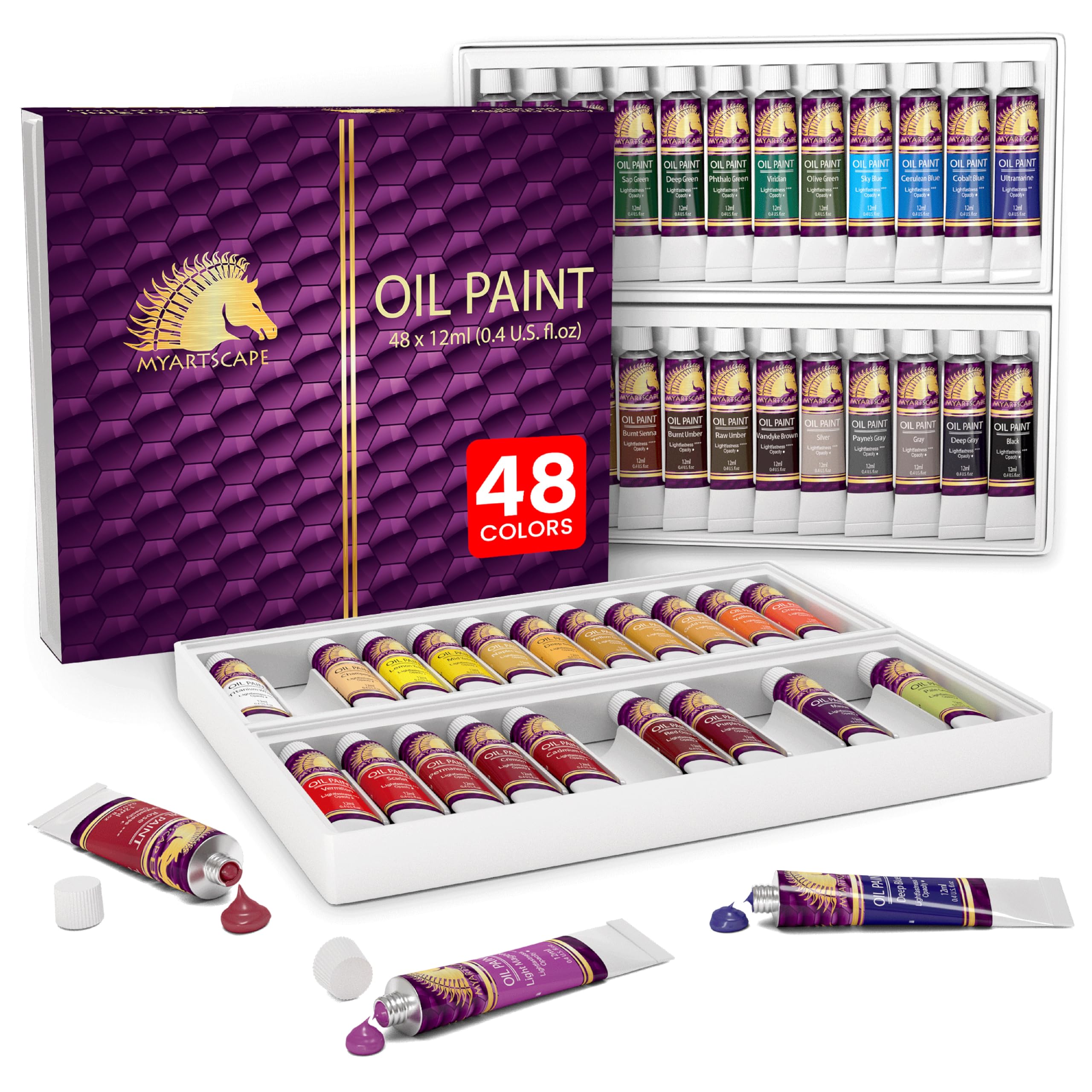 Myartscape Oil Paint Set - 12ml x 48 Tubes - Lightfast - Heavy Body - Highly Pigmented Oil-based Colors - Excellent Coverage - Artist Quality Painting Supplies - Professional Craft Paints