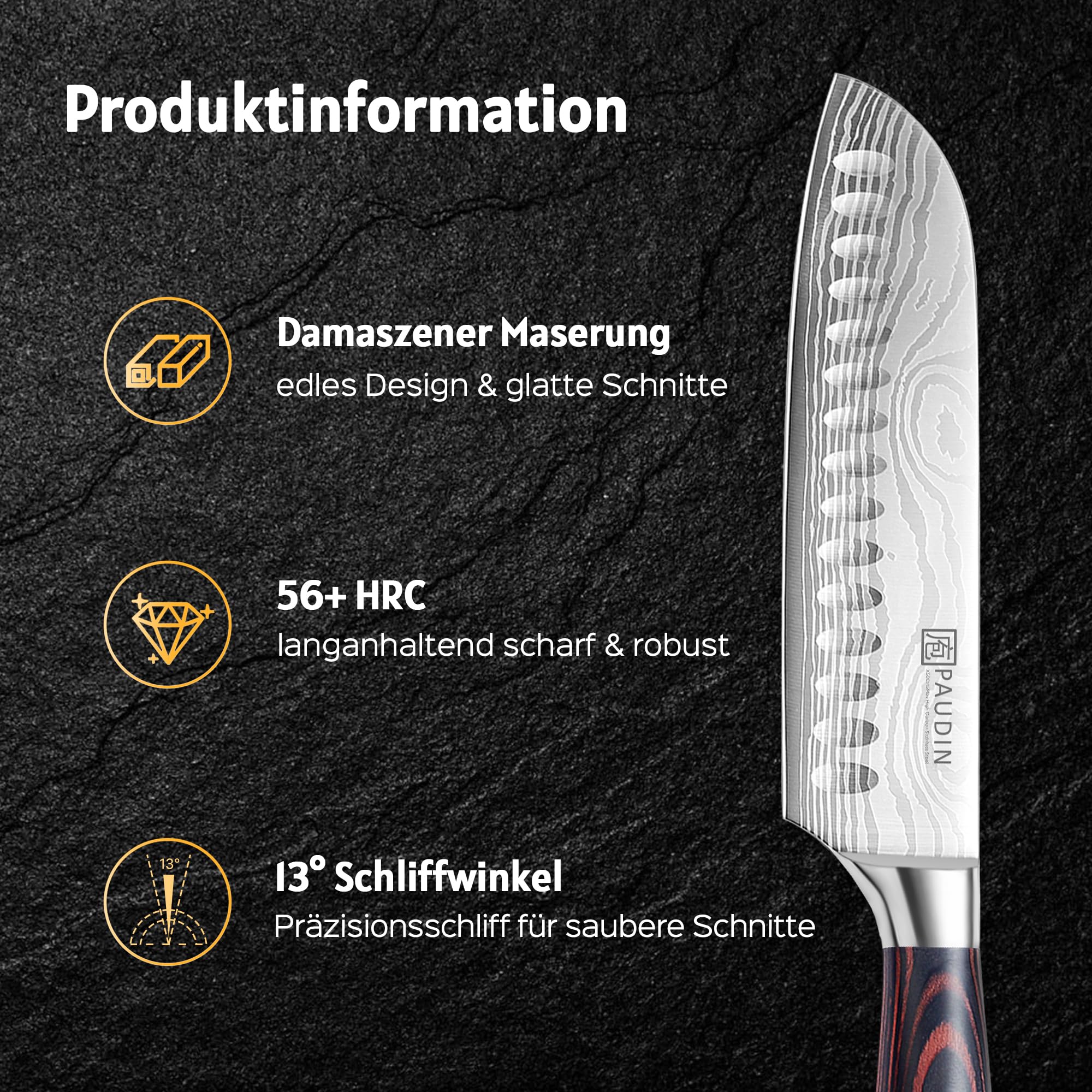 PAUDIN Santokumesser, Klingenlänge17 cm Kochmesser aus deutschem Messerstahl, Sushi Messer Küchenmesser mit ergonomischem Griff für Haus und Restaurant 3