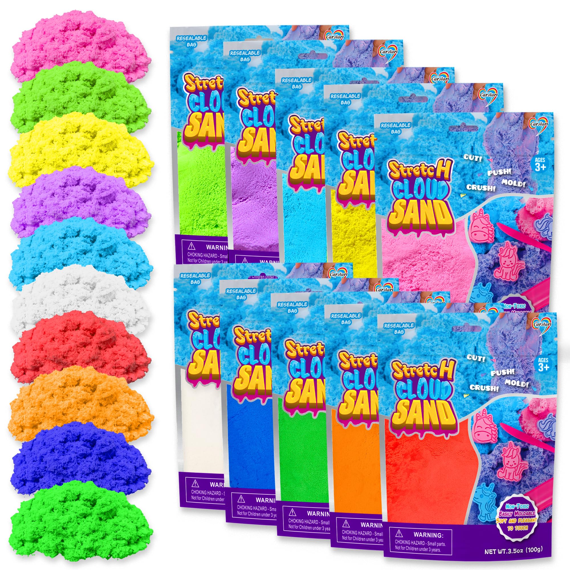 Carolart Colorful Stretchy Sand Kit, Value Pack of 10 Colored Moldable Play Sand for Kids, Bulk Refill for Sensory Bin, Sensory Toys for Molding, Travel Toys for Girls and Boys Ages 3+