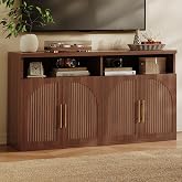 MapleGrace 63" Wide Fluted Buffet Cabinet with Open Storage Shelf, Walnut | 4 Doors Wood Sideboard Credenza, Modern Kitchen Entryway Accent Table for Dining Room Living Room, Kitchen, Hallway
