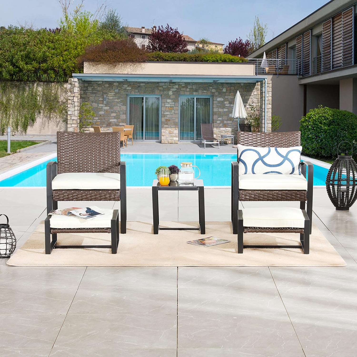 LOKATSE HOME 5-Piece Wicker Outdoor Conversation Set Patio Furniture PE Rattan All Weather Cushioned Chairs Balcony Porch with Ottoman and Glass Coffee Side Table, Beige: Garden & Outdoor