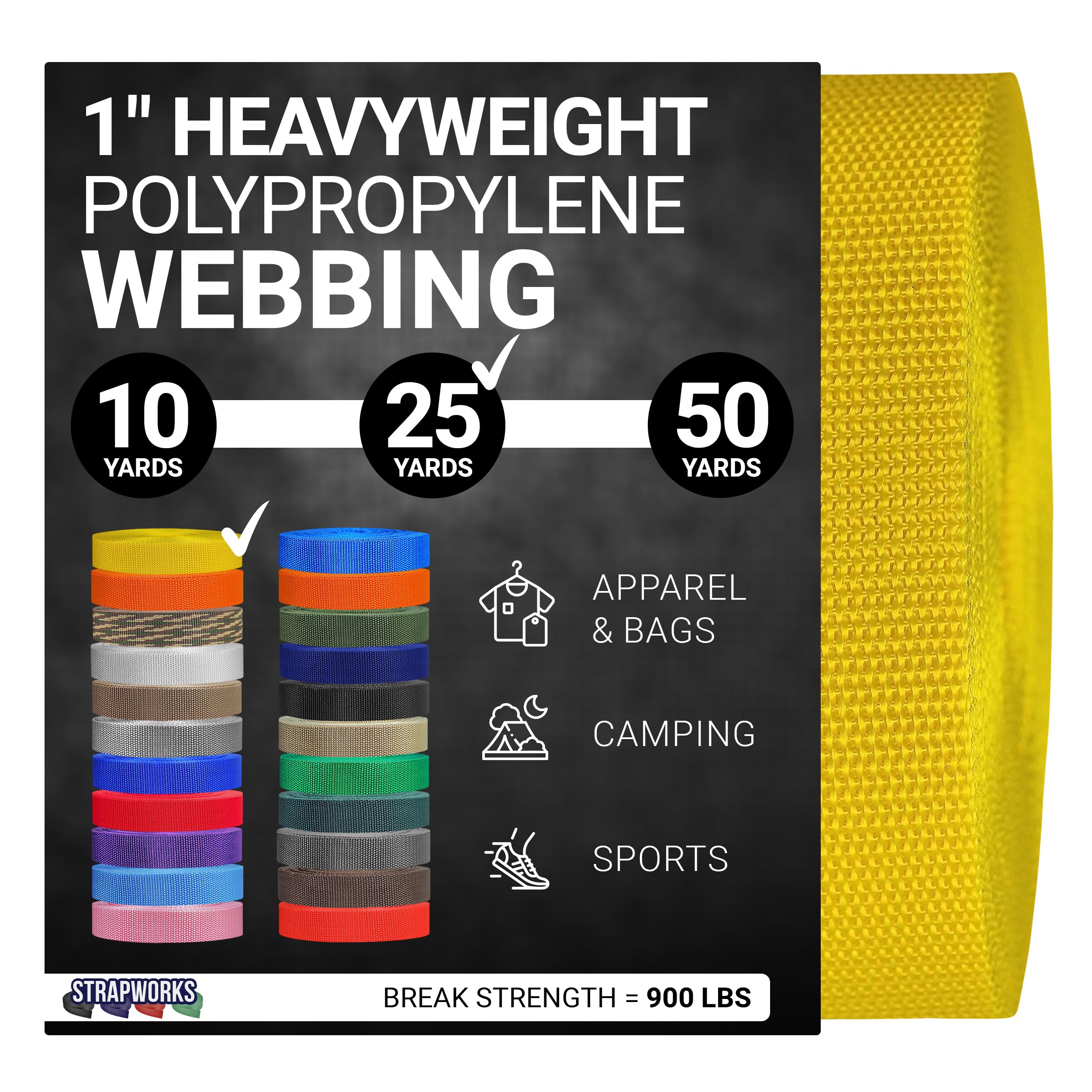 Strapworks Heavyweight Polypropylene Webbing - Heavy Duty Poly Strapping for Outdoor DIY Gear Repair, 1 Inch x 25 Yards - Yellow
