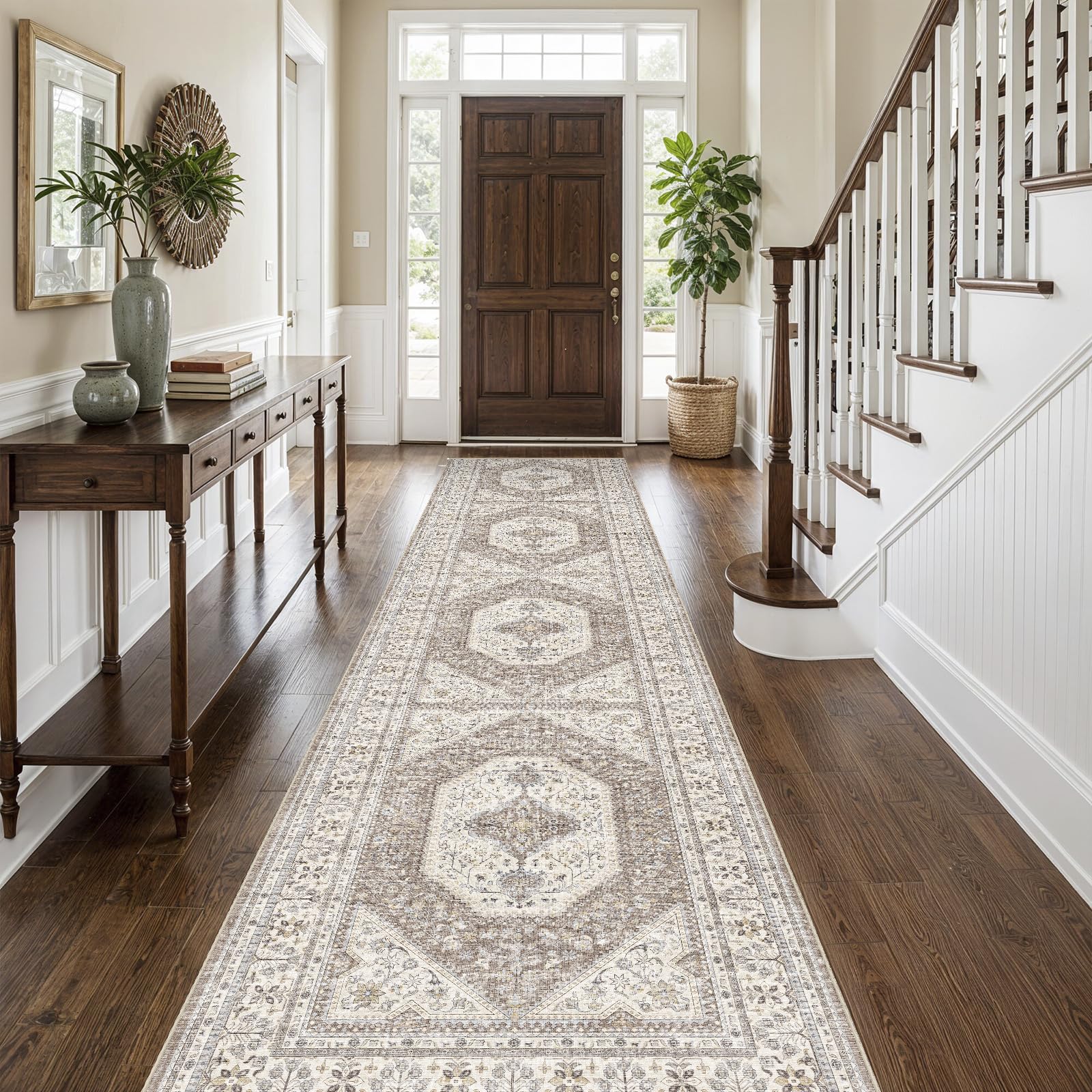 3x12 Washable Hallway Runner Rug:Oriental Indoor Kitchen Rugs Vintage Door Mat Non Slip with Rubber Backing Low Pile Thin Carpet for Bedroom Bathroom Living Room Bedside (3x12 Brown/Beige) Image