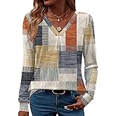 LUYAA V Neck Long Sleeve Shirts for Women Business Casual Clothing Tunic Tops to Wear with Leggings Work Blouses Orange Square S