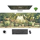 Cute Kawaii White Cat Anime Green Plant Leaves Desk Mat Large Mouse Pad Gaming Desk Pad, XL Extended Mousepad Desk Accessories for Women Office Decor Long Laptop Keyboard Mouse Mat 31.5x11.8 in