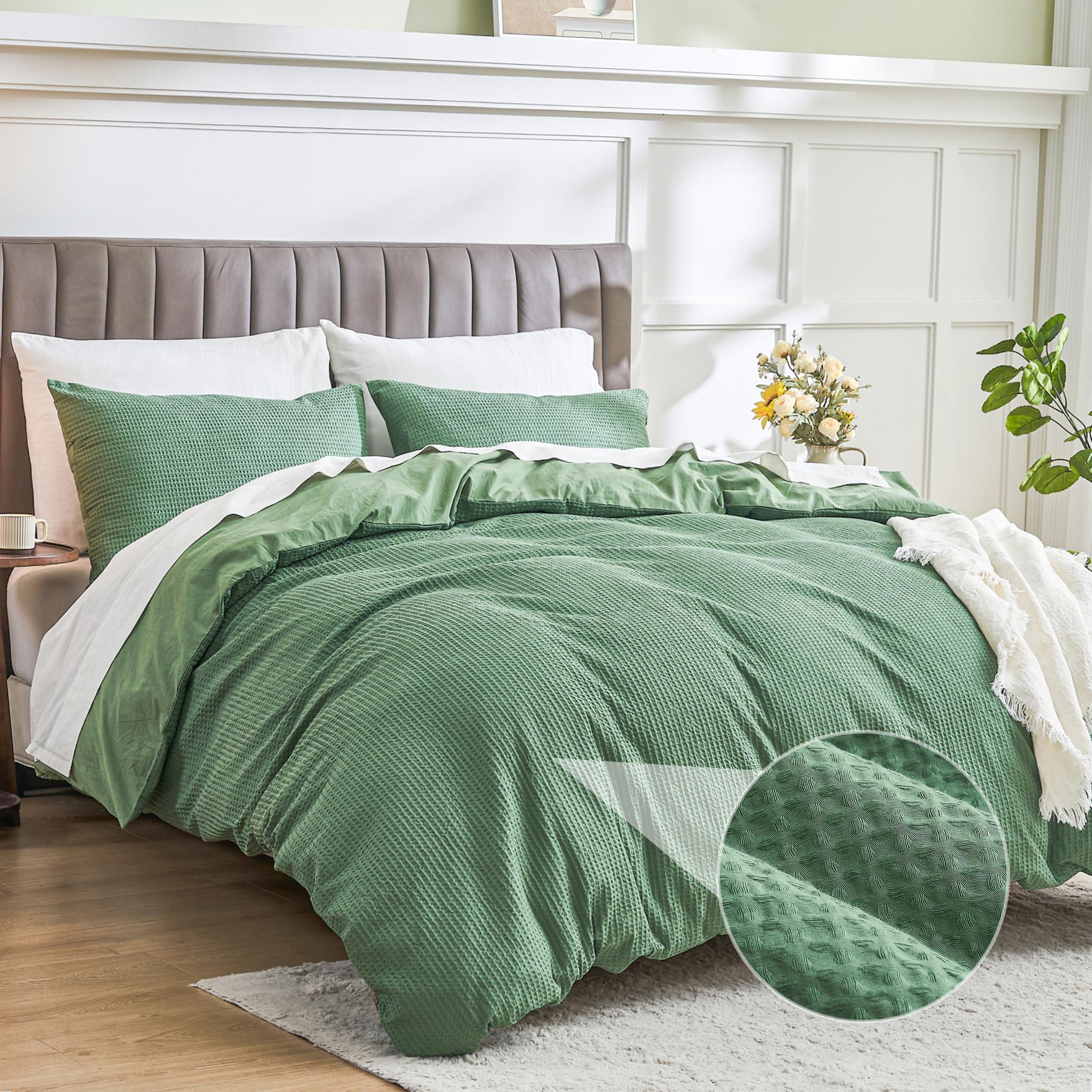 Simple&Opulence Waffle Duvet Cover Double Size, 100% Cotton Waffle Bedding with 2 Pillowcases, Soft Breathable Seersucker Quilt Cover Set, Hidden Button Closure (200x200cm,Forest Green)