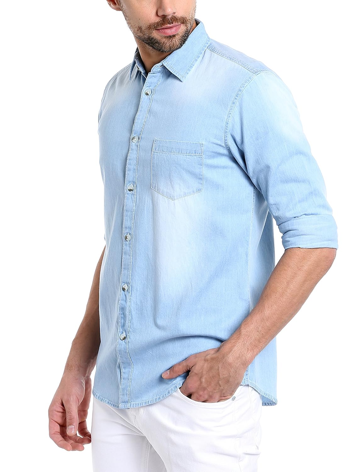dennis lingo men's denim light blue solid casual shirt