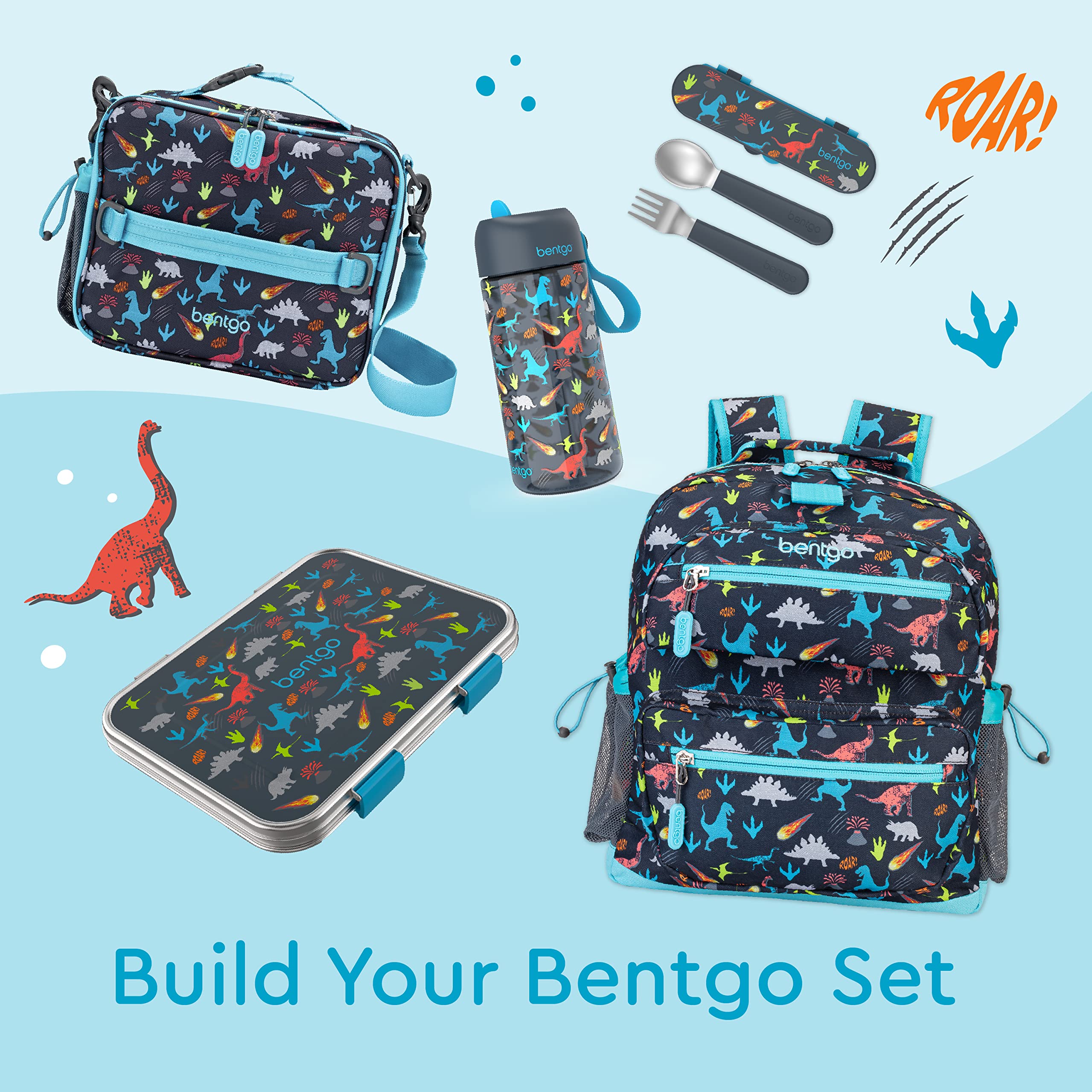 Bentgo Kids Stainless Steel Prints Leak-Resistant Lunch Box - 3-Compartments with Bonus Silicone Container, Durable, Eco-Friendly, Dishwasher Safe, BPA-Free, Ideal for School, Ages 3+ (Dinosaur)