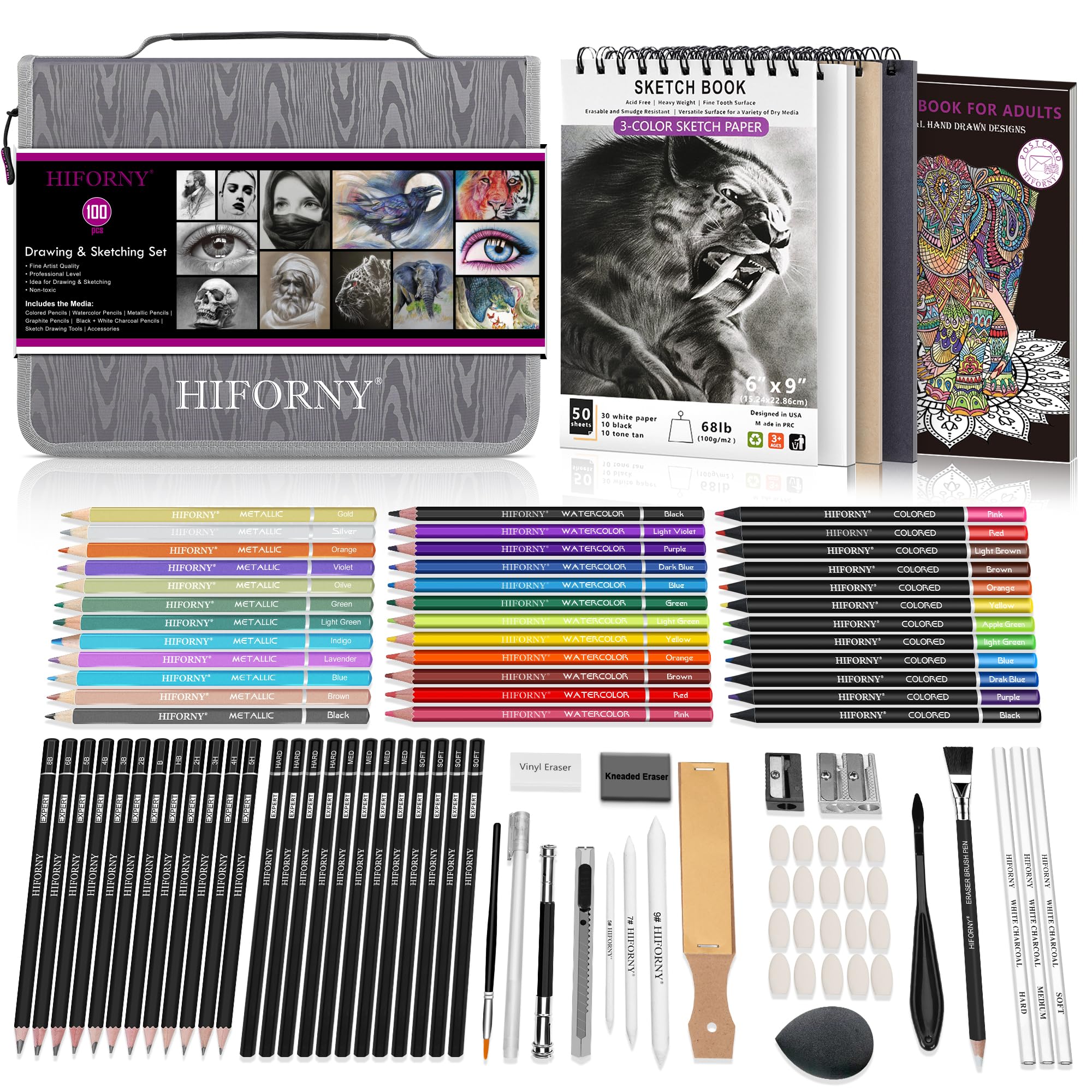 HIFORNY 100 PCS Drawing & Sketching Set, Professional Art Supplies with Graphite,Charcoal, Colored,Watercolor,Metallic Pencils,Blending Tools,Sketchbook and Coloring Book in Zipper Case (Grey)