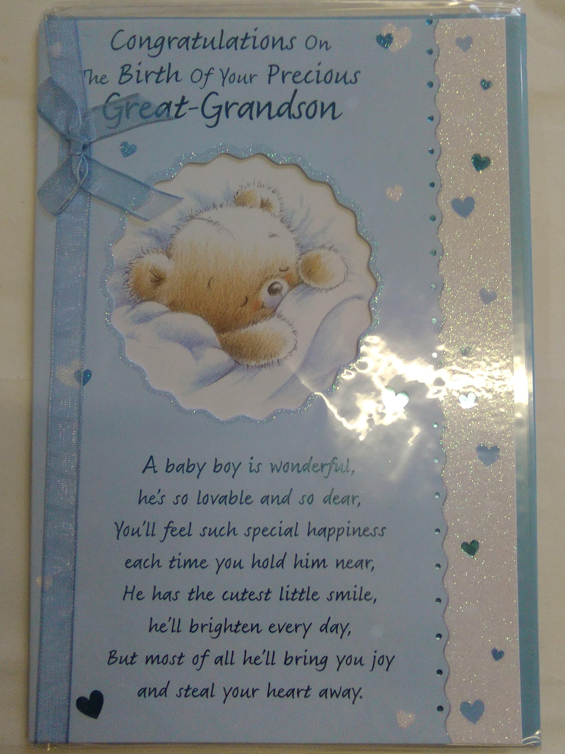Congratulations On The Birth Of Your Precious Great-Grandson Card Blue Sleeping Teddy/Hearts/Words Glitter/Foil/Ribbon Detail