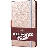 Skyline Small Address Book with Alphabetical Tabs &amp; Pocket, Rose Gold | Mini size 3.7x6.3 in, purse address book for phone numbers, addresses and logins, Eco-leather hardcover, Thick 120gsm paper