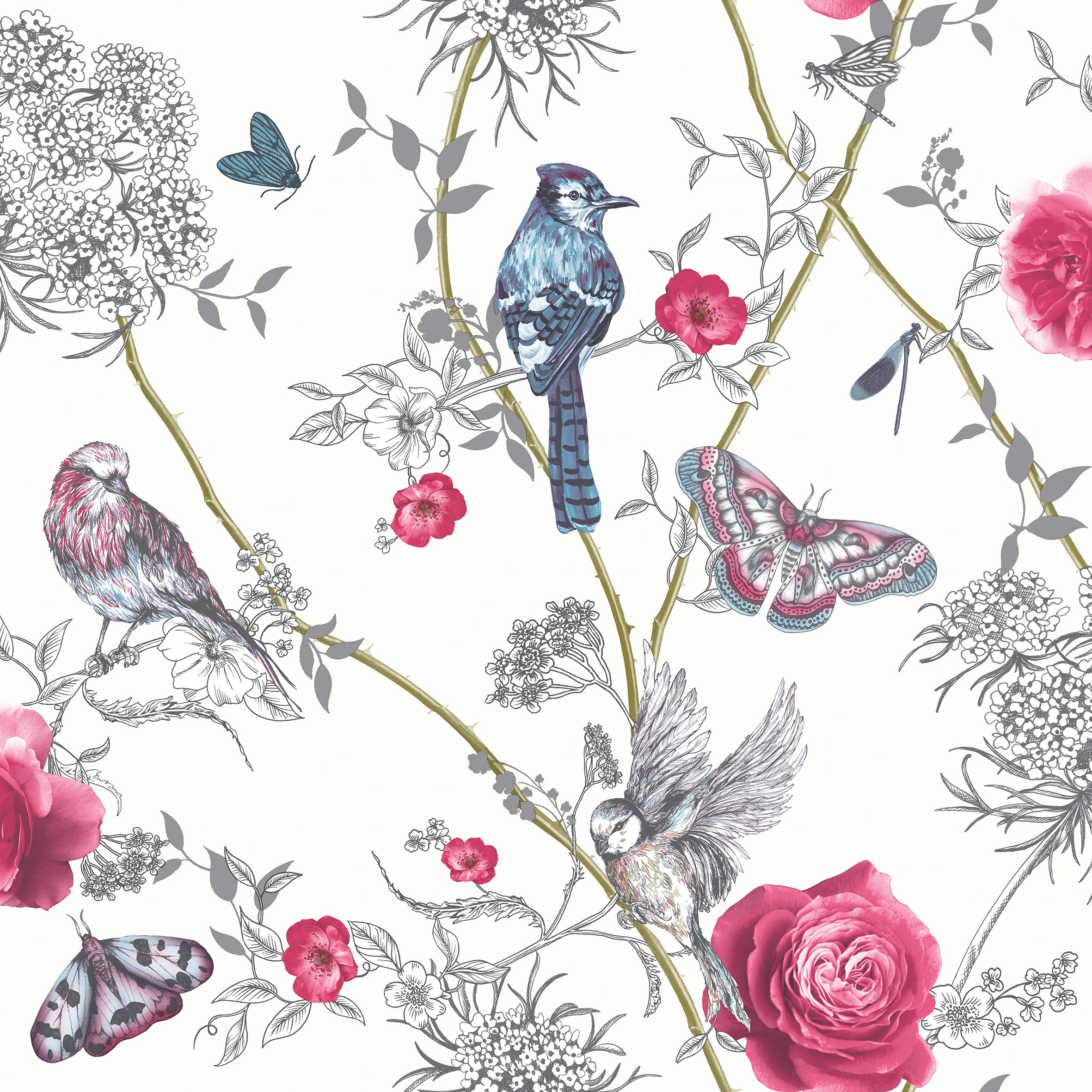 Arthouse White Wallpaper - Birds, Butterflies & Flowered Branches - Paradise Garden - Shimmery Background - Metallic Effects - Living Spaces & Feature Walls, 53 cm x 10.05 m Roll - 692405