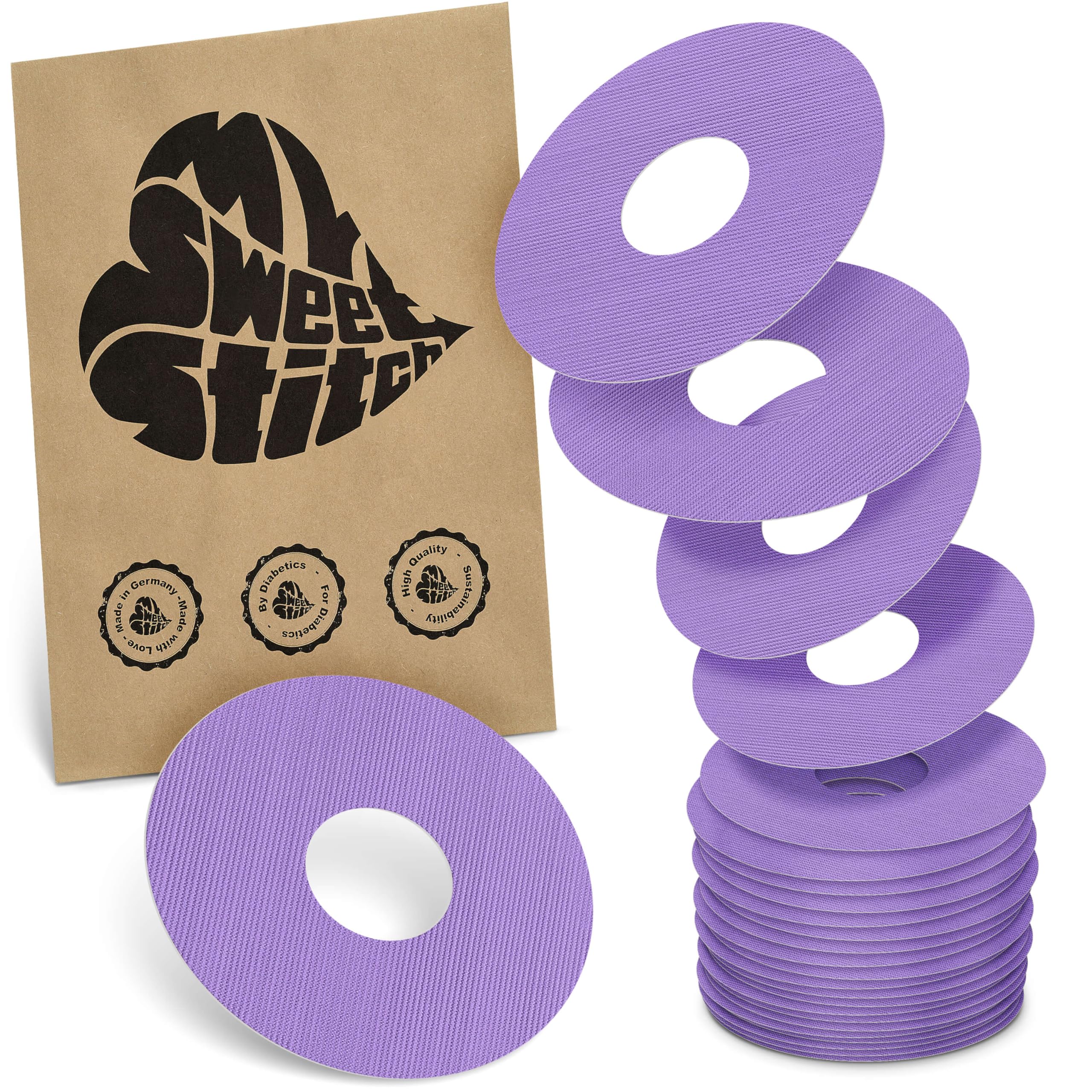 MySweetStitch - 25 x Freestyle Libre 3 Round Patches, Ring Patch Ø 60mm, Inner Ø 20mm, Waterproof, Breathable, Skin-Friendly, Made in Germany, Purple