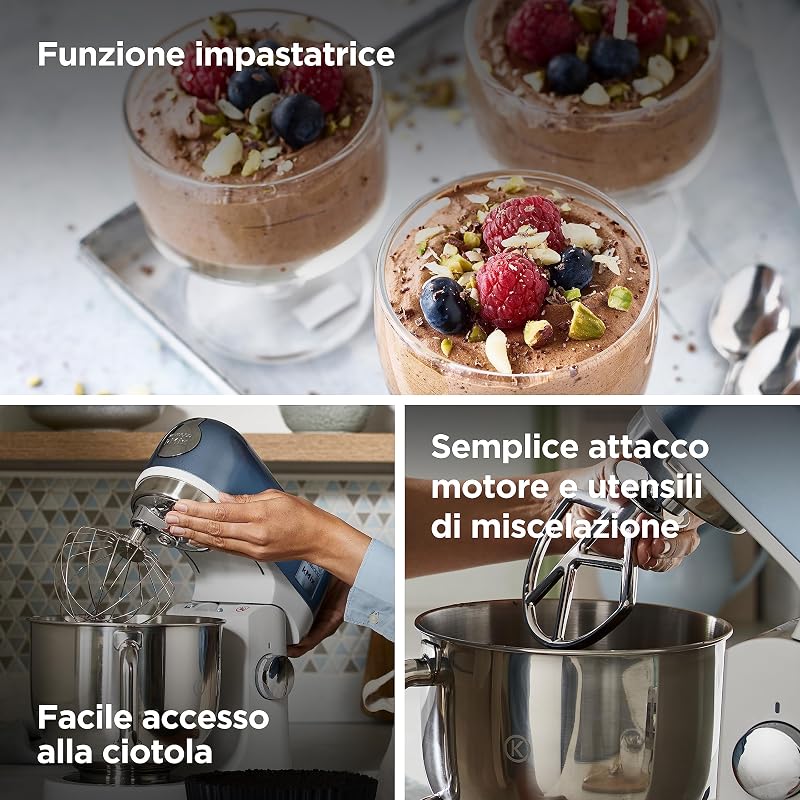 KMX760BL KMIX Impastatrice Planetaria con Ciotola con manico in Acciaio da 5L, 3 Ganci di Miscelazione, Potenza 1000W, Personalizzabile con oltre 20 Accessori Acquistabili Separatamente, Blu