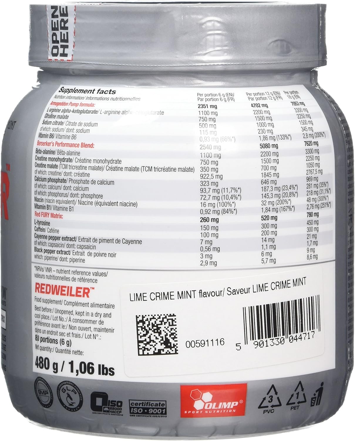 OLIMP SPORT NUTRITION Olimp Labs Crime Mint Redweiler Recovery and Energy Supplement, 480 g, 480 g (1er Pack) - Image 4