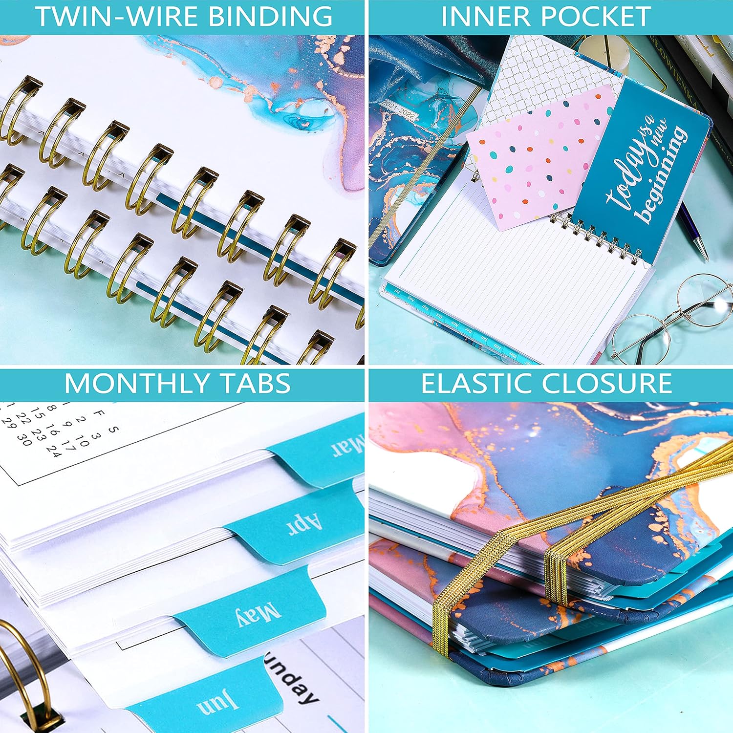 2021-2022 Planner - Academic Planner 2021-2022 Weekly & Monthly with Tabs, 6.3" x 8.4", July 2021 - June 2022, Hardcover with Back Pocket + Thick Paper + Twin-Wire Binding - Contrast Watercolor: Office Products